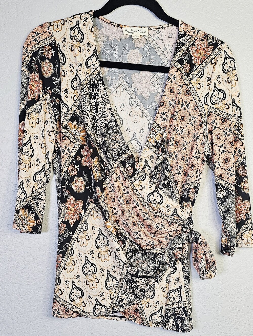 Indigo Rose Boho Faux Wrap Top Medium Patchwork Paisley Tie Waist 3/4 Sleeves